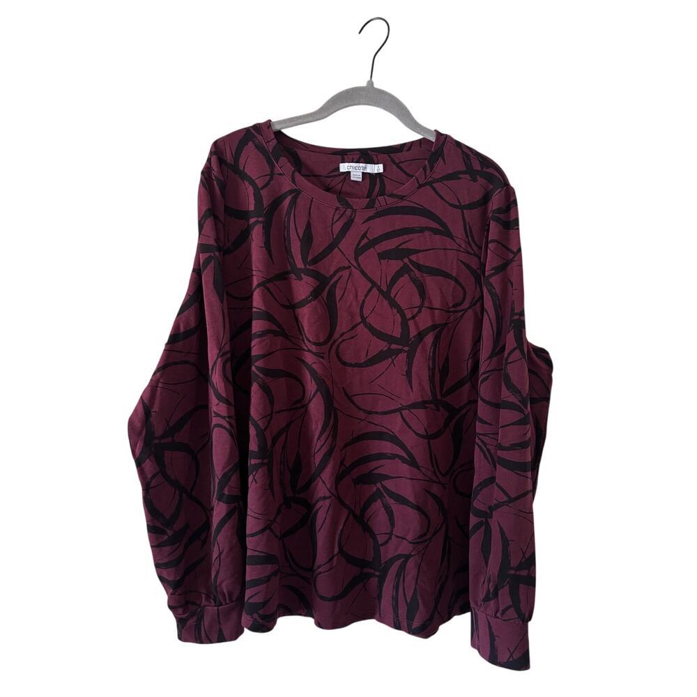 Chico’s Size 3 XL Burgundy Black Abstract Print Long Sleeve Knit Top Stretch - Picture 2 of 10